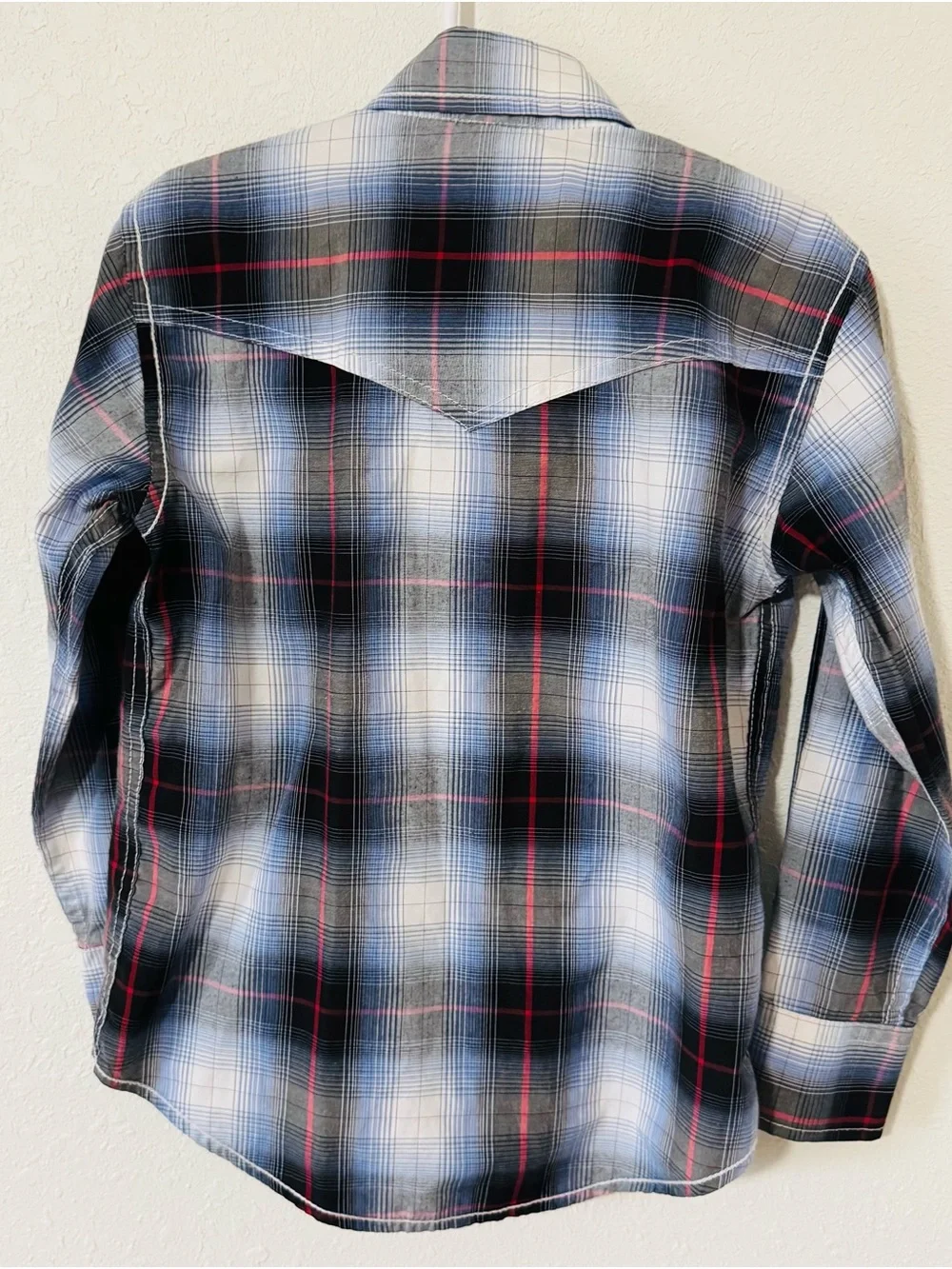 Little Boy’s Larry Mahan Blue, Black & White Plaid Western Snap Shirt Size Small